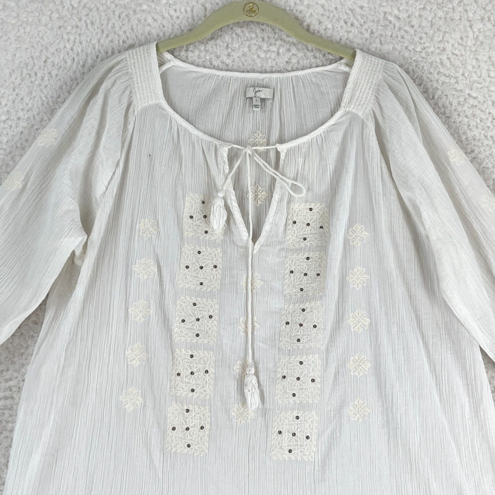 Joie Joie Shirt Womens Large White Embroidered Crepe Boho Long Sleeve Pullover V-Neck Size L / US 10 / IT 46 - 2 Thumbnail