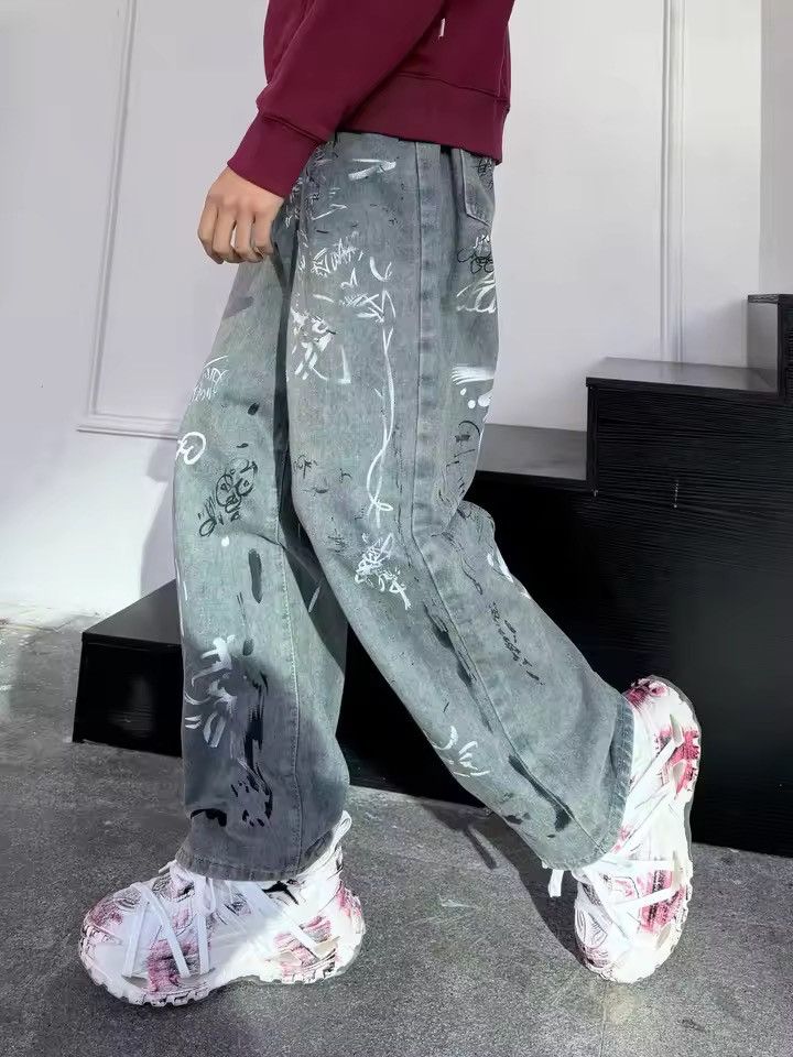 Jean Graffiti-Print Wide-Leg Denim Pants | Oversized Streetwear Size US 27 - 10 Thumbnail