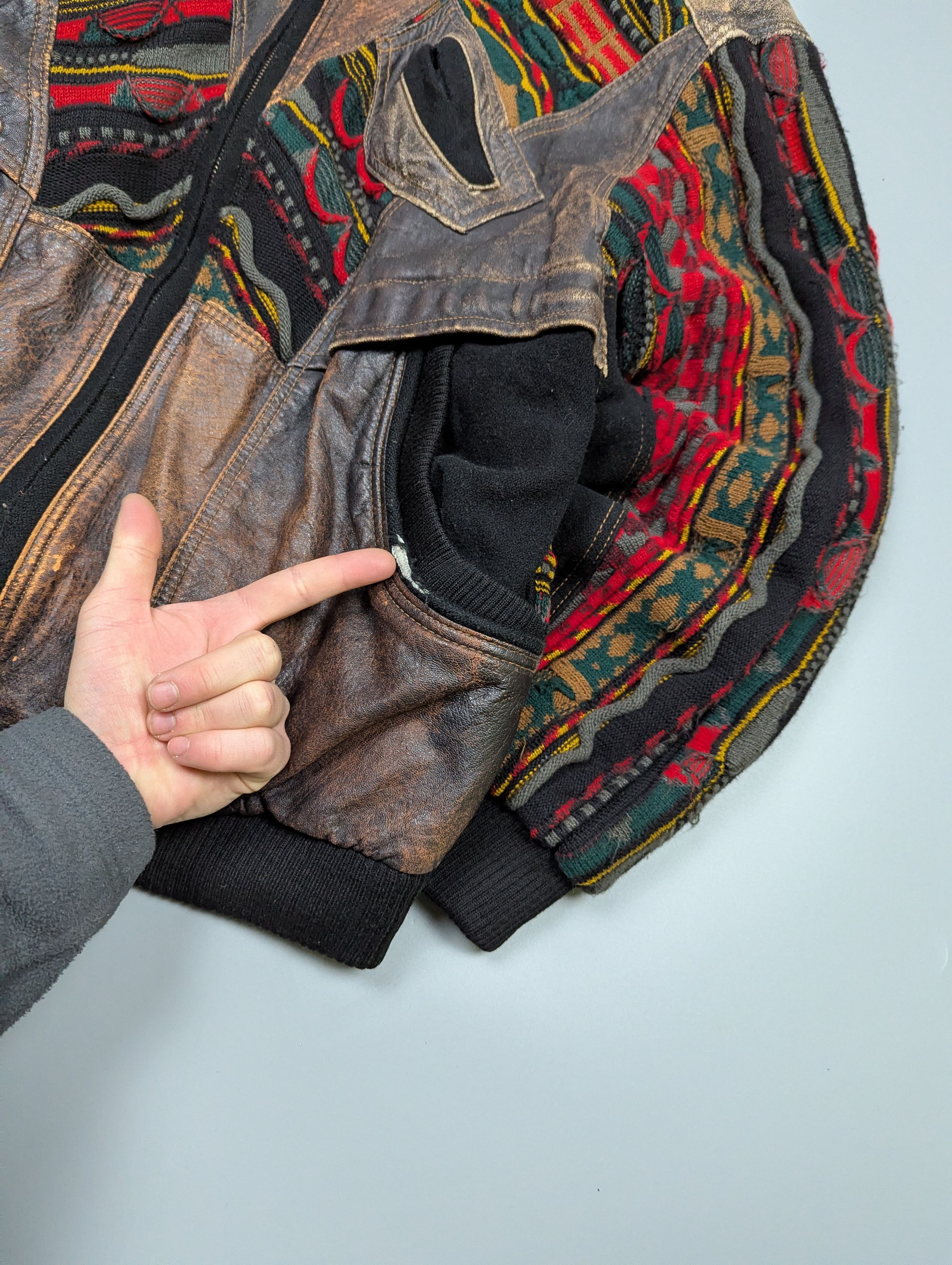 Vintage Roger Springfield Vintage 80s Leather×Knit Patchwork Bombe Size US L / EU 52-54 / 3 - 7 Thumbnail