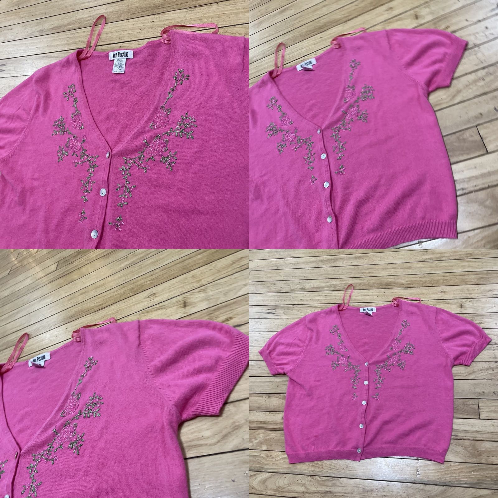 Vintage Nina Piccalino Vtg 90s Pink Cardigan Knit Shirt Women Slim 16 Y2k Beaded Floral Size XXL / US 16-18 / IT 52-54 - 11 Thumbnail