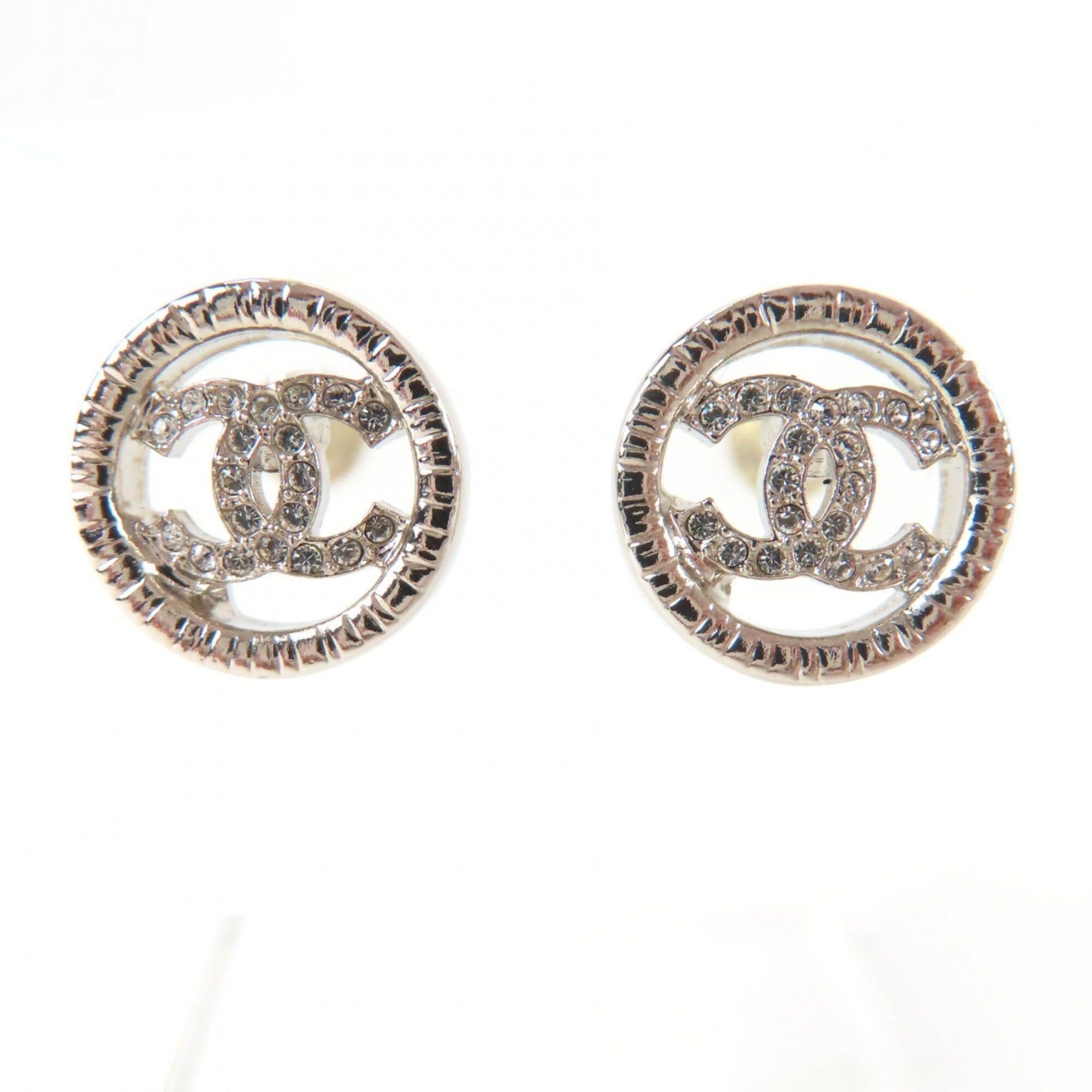Chanel CHANEL AB9068 A22A Metal Coco Mark Rhinestone Circle Earrings, Silver, with Box, Made in France, Women's Size ONE SIZE - 1 Thumbnail