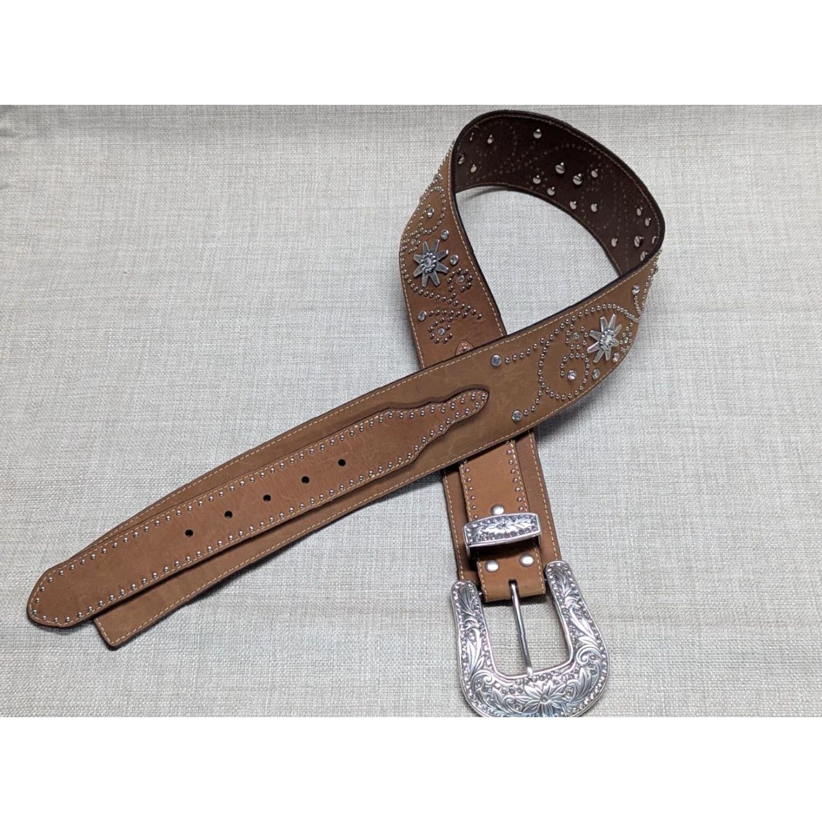 Vintage VINTAGE Nocona belt western belt 34 rhinestone studded leather brown 2.5" buckle Men Boys Mens Size 34 - 4 Thumbnail