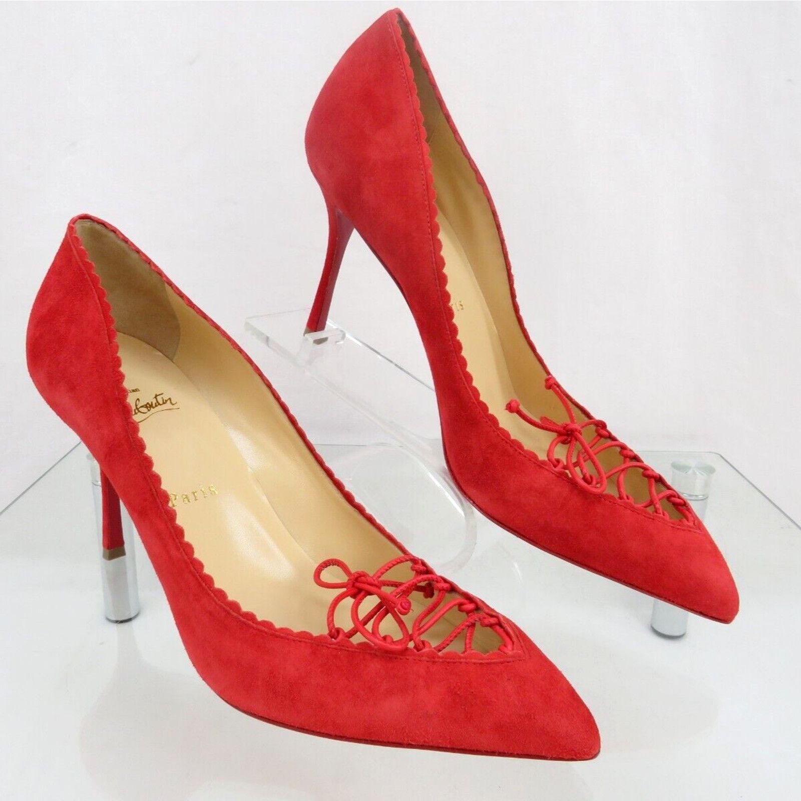 Christian Louboutin SCALOPUMP 85 RED SUEDE LEATHER LACE TIE POINTED TOE PUMPS 40 Size US 10 / IT 40 - 5 Thumbnail
