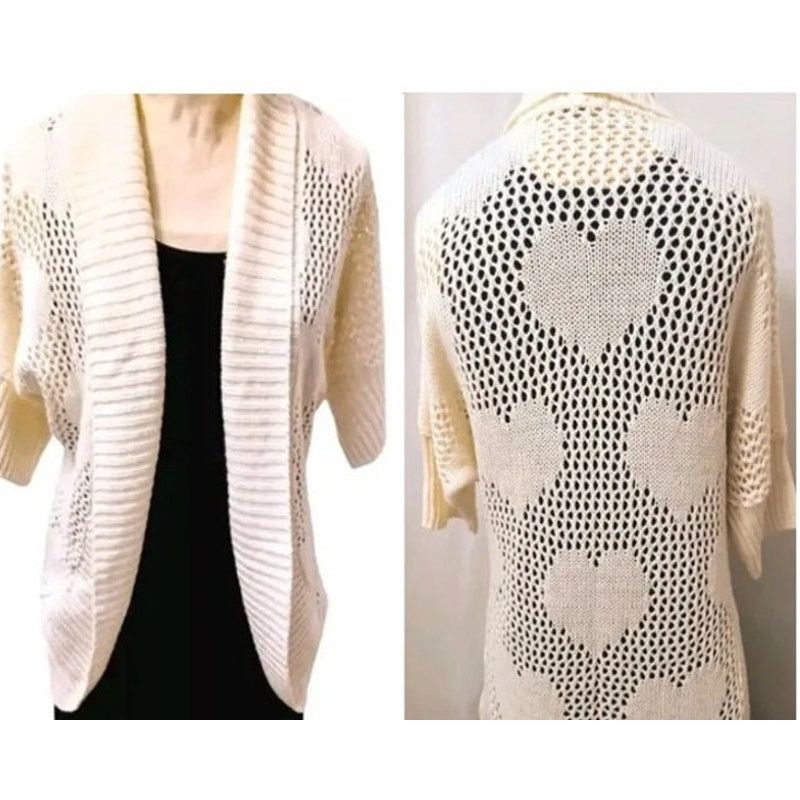 Other Takeout HEART Knit Cardigan Sz M Ivory Open Weave Bohemian Size M / US 6-8 / IT 42-44 - 1 Thumbnail