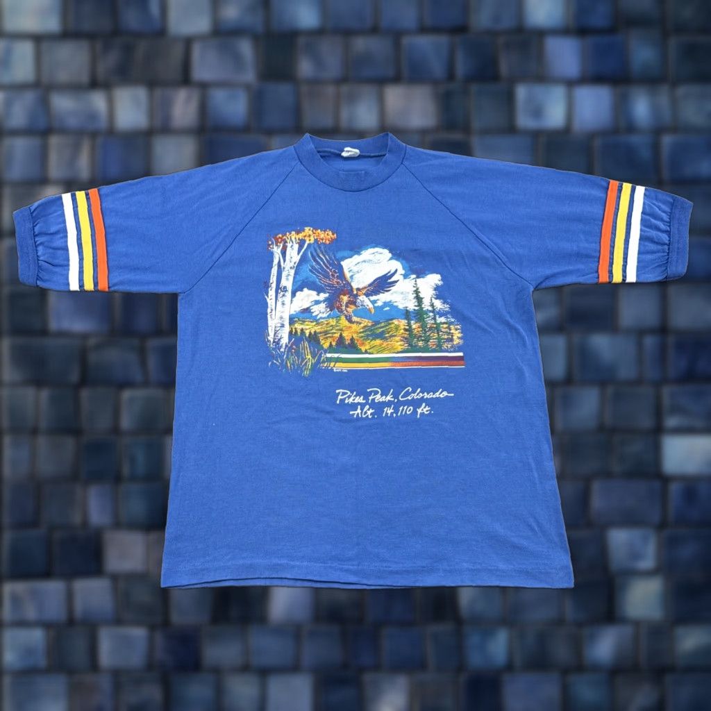 Vintage VINTAGE 1986 80s Single Stitch Pikes Peak Eagle Travel Tourist Shirt Retro READ Shirt Mens L Blue Cotton Russell Athletic True Vintage 70s 80s USA Size US L / EU 52-54 / 3 - 1 Thumbnail