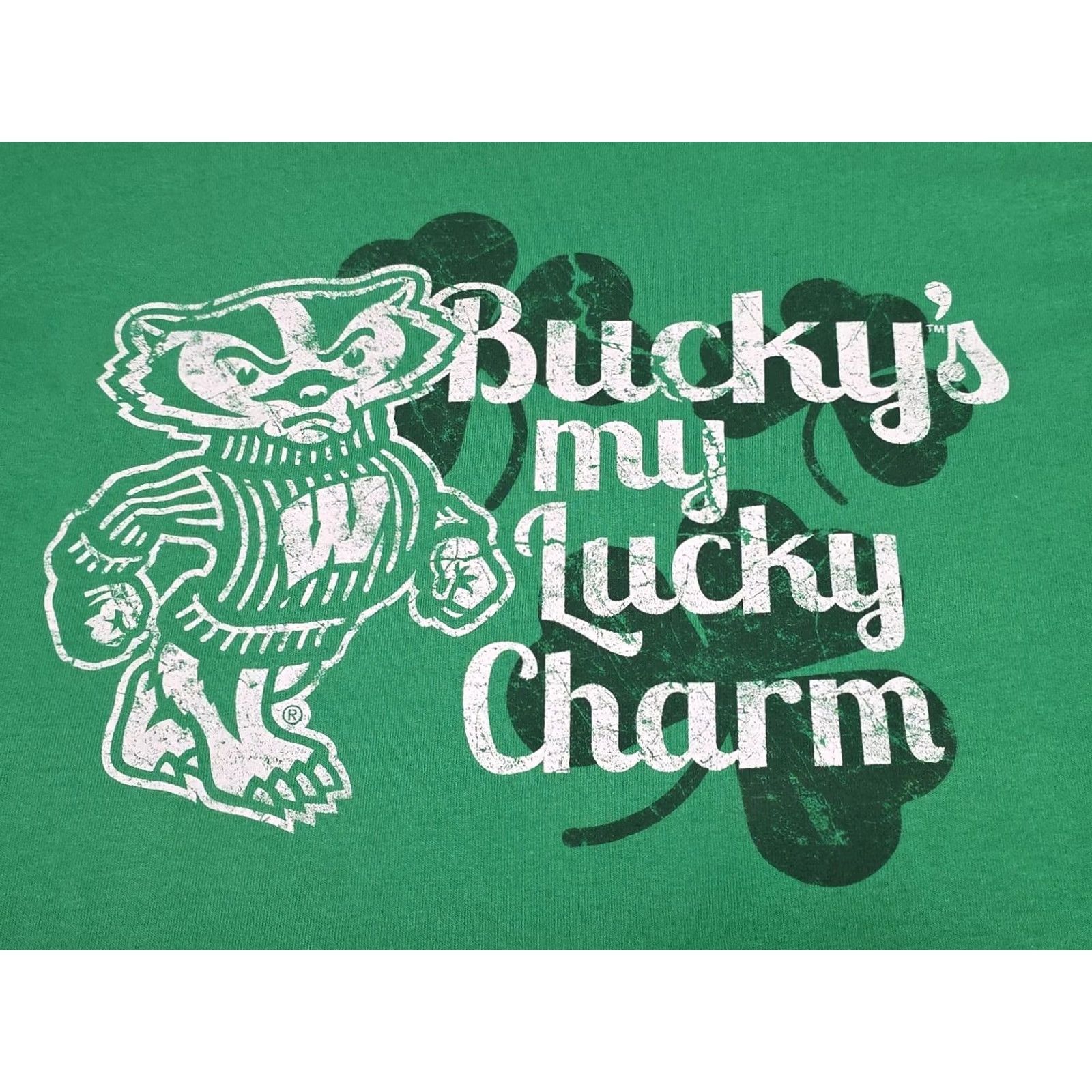Gildan VINTAGE Wisconsin Badgers Bucky's My Lucky Charm Mascot Irish Green Short Sleeve T-Shirt Mens Medium Size US M / EU 48-50 / 2 - 7 Thumbnail