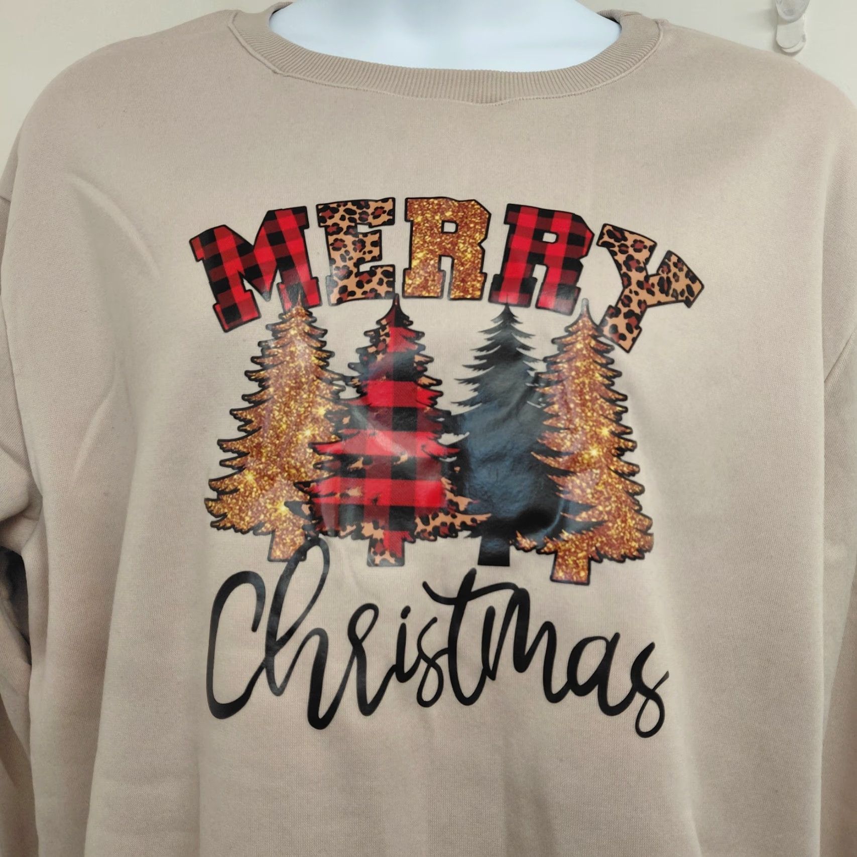 Shein Shein Sweatshirt Women's 2XL Tan Merry Christmas Trees Print Fleece Lined Xmas Size XXL / US 16-18 / IT 52-54 - 4 Thumbnail
