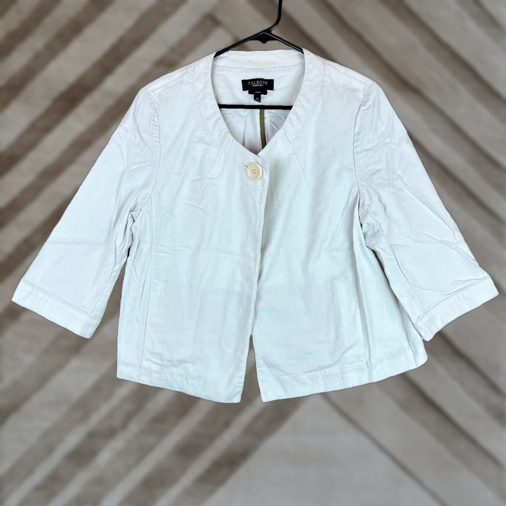 Talbots Talbots Womens Blazer Ivory 3/4 Sleeve Open Front Button 14 Jacket Coat Winter Spring Fall Summer Casual Workwear Compact" Size XL / US 12-14 / IT 48-50 - 1 Thumbnail