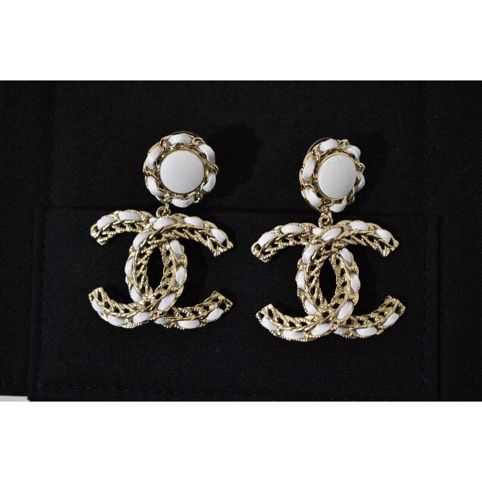 Chanel Chanel Leather Gold CC Logo Dangle Drop Statement Earrings Size ONE SIZE - 8 Thumbnail