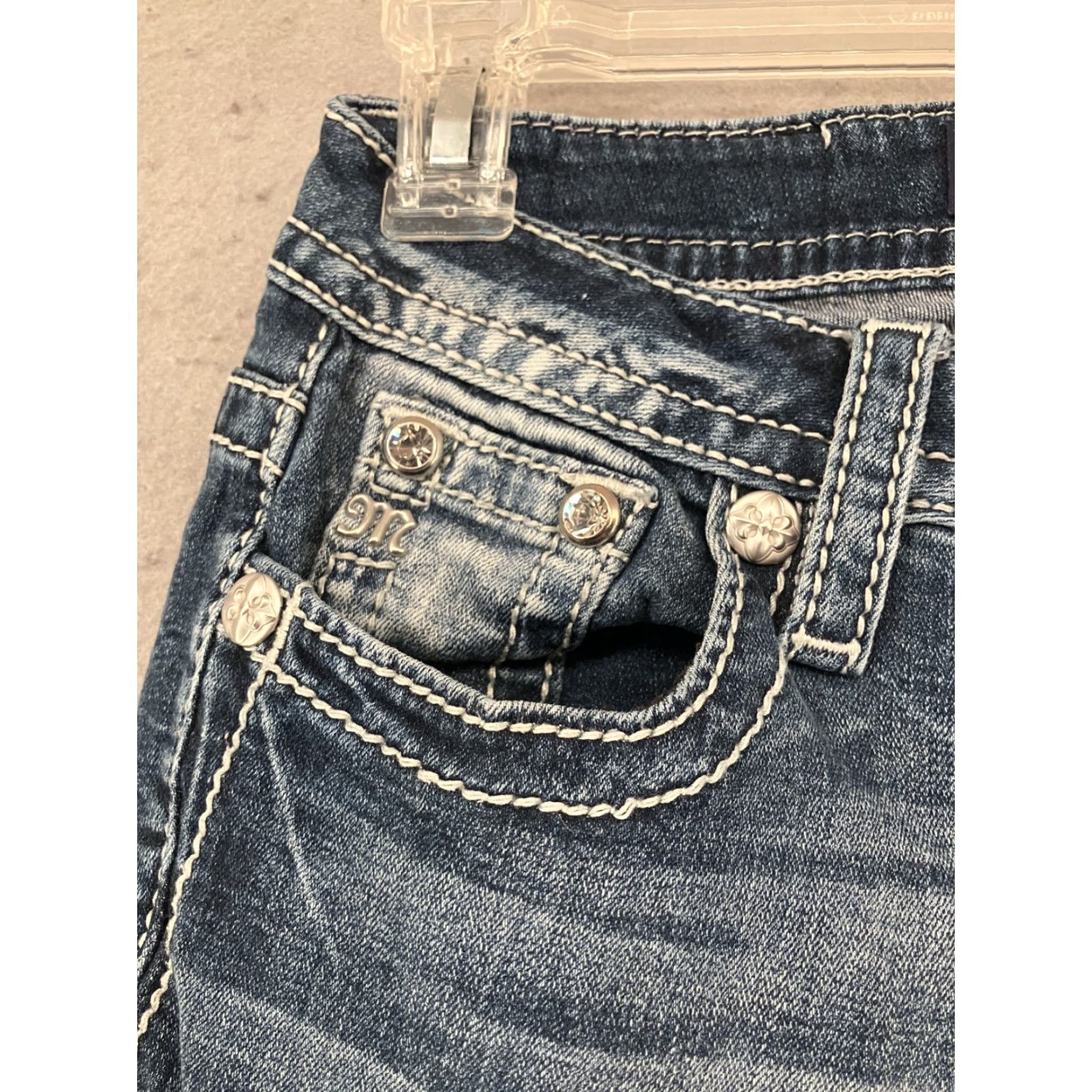 Miss Me Miss Me Women's Dark Blue Bootcut Jeans 25 Mid Rise Embroidered Rhinestone Studded Denim 90s Western Y2K Size 42" / US 20 - 2 Thumbnail