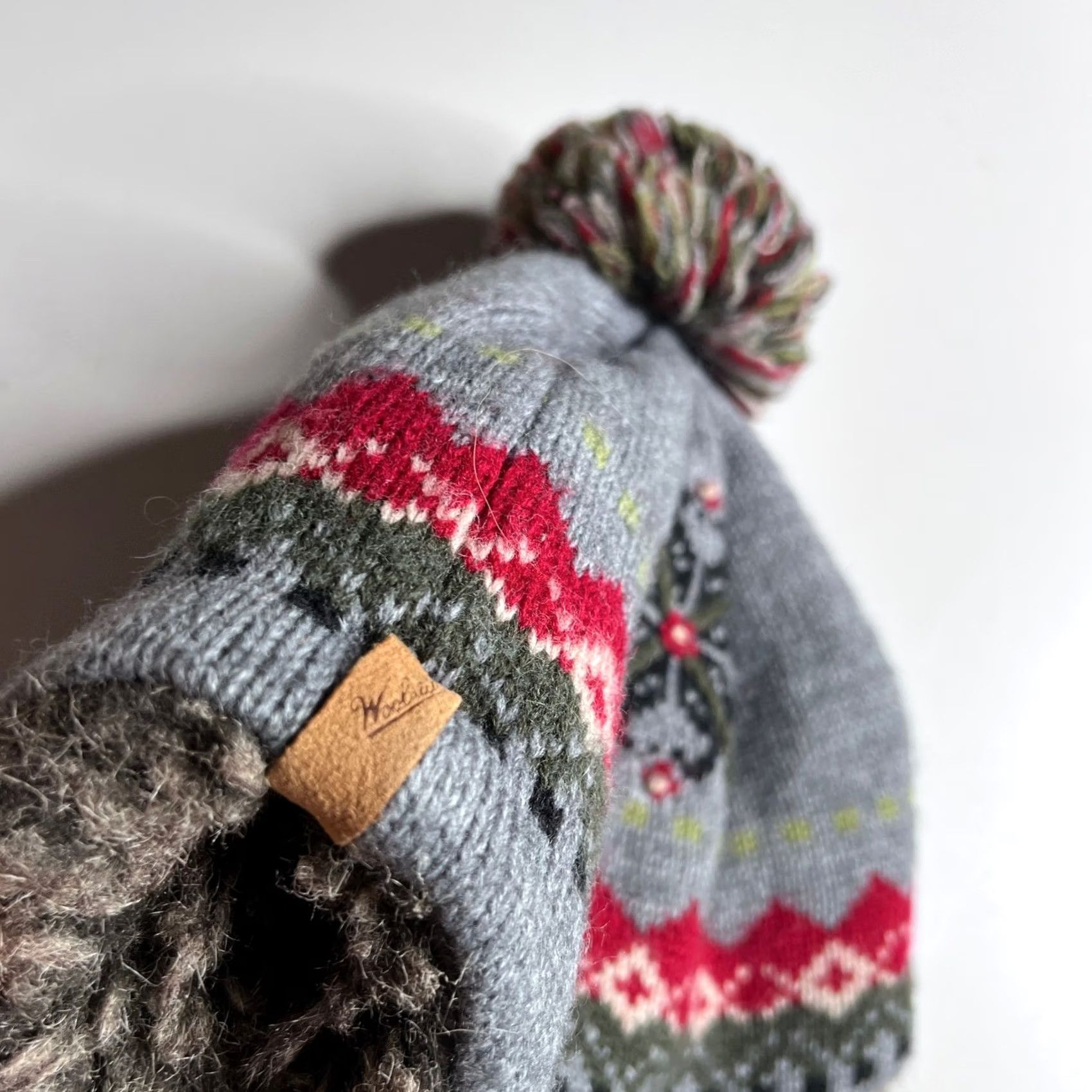 Vintage Woolrich Fair Isle Knit Trapper Hat - Gray, Red, Green - Faux Fur Lined Earflap Beanie with Pom Pom, Tassels - Wool Blend - Winter, Women, One Size Size ONE SIZE - 4 Thumbnail