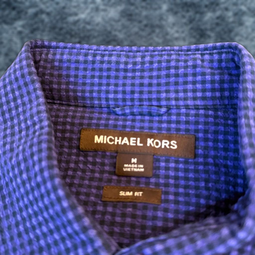 Michael Kors Michael Kors Slim Fit Mens Medium Short Sleeve Button-Up Shirt Purple Seersucker Check Pattern Size US M / EU 48-50 / 2 - 1 Thumbnail