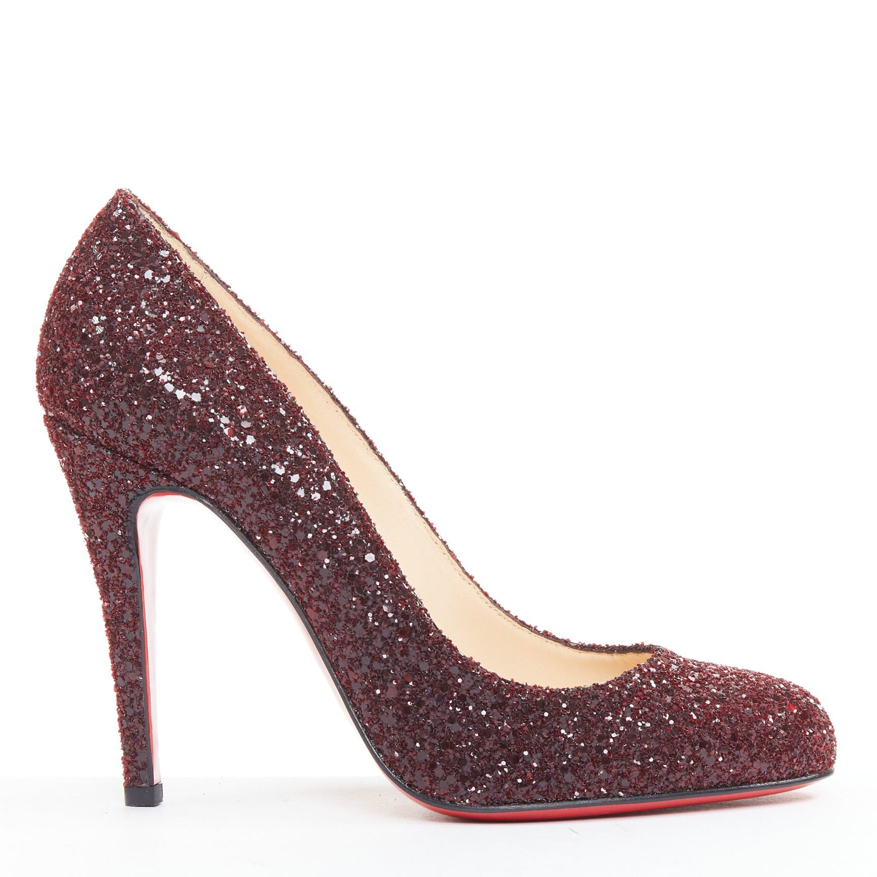 Christian Louboutin CHRISTIAN LOUBOUTIN Ron Ron 100 Glitter Oxblood red almond toe pump EU37.5 Size US 7.5 / IT 37.5 - 1 Thumbnail