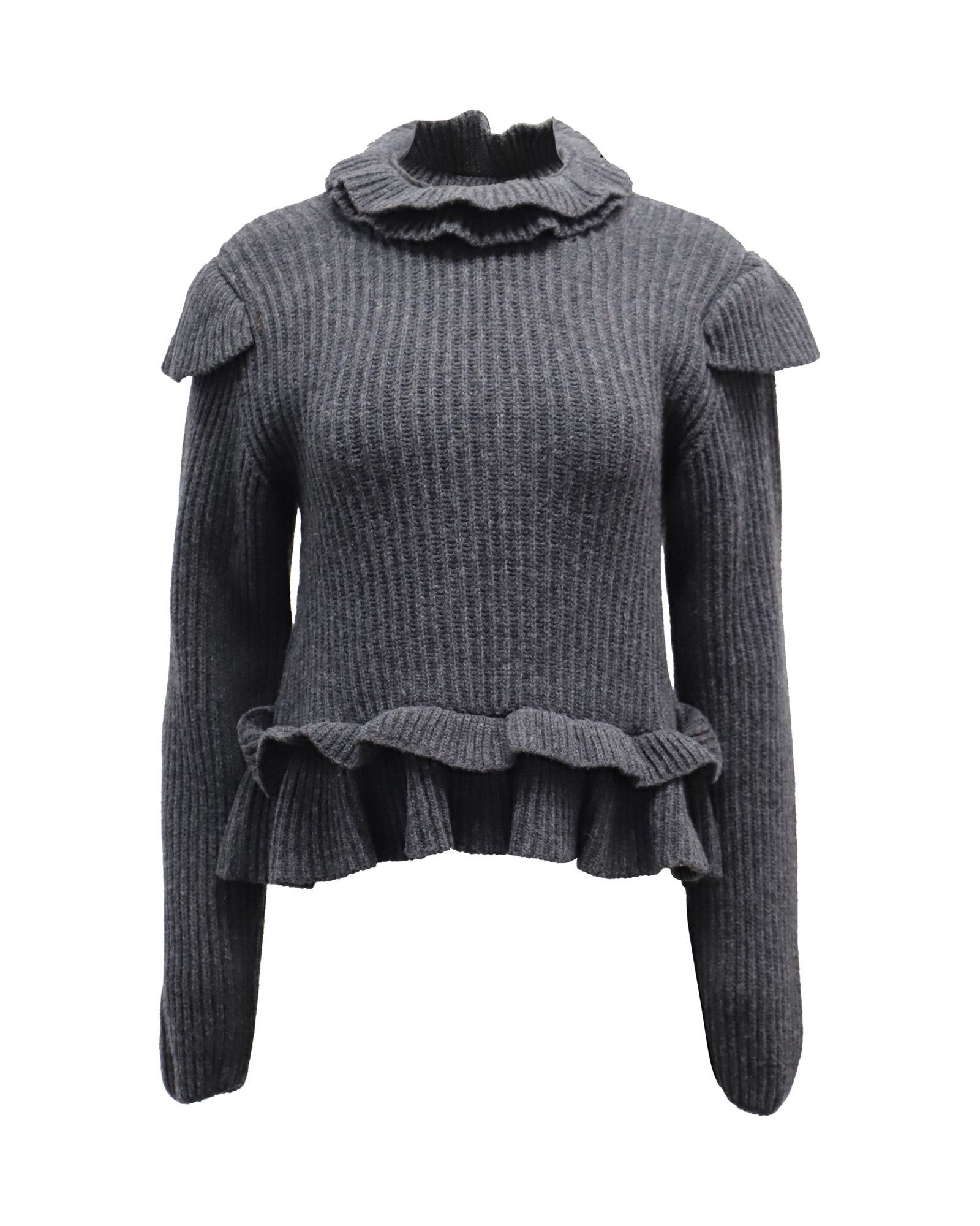 Ganni Ganni Cut-out Ruffled Ribbed Sweater in Grey Wool Size S / US 4 / IT 40 - 1 Thumbnail