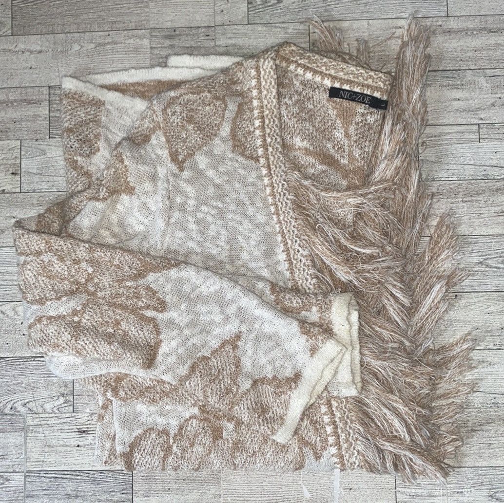 NIC+ZOE NICE + ZOE, Beige/Cream, Floral/Fringed, Open Knit Cardigan Size L / US 10 / IT 46 - 13 Thumbnail