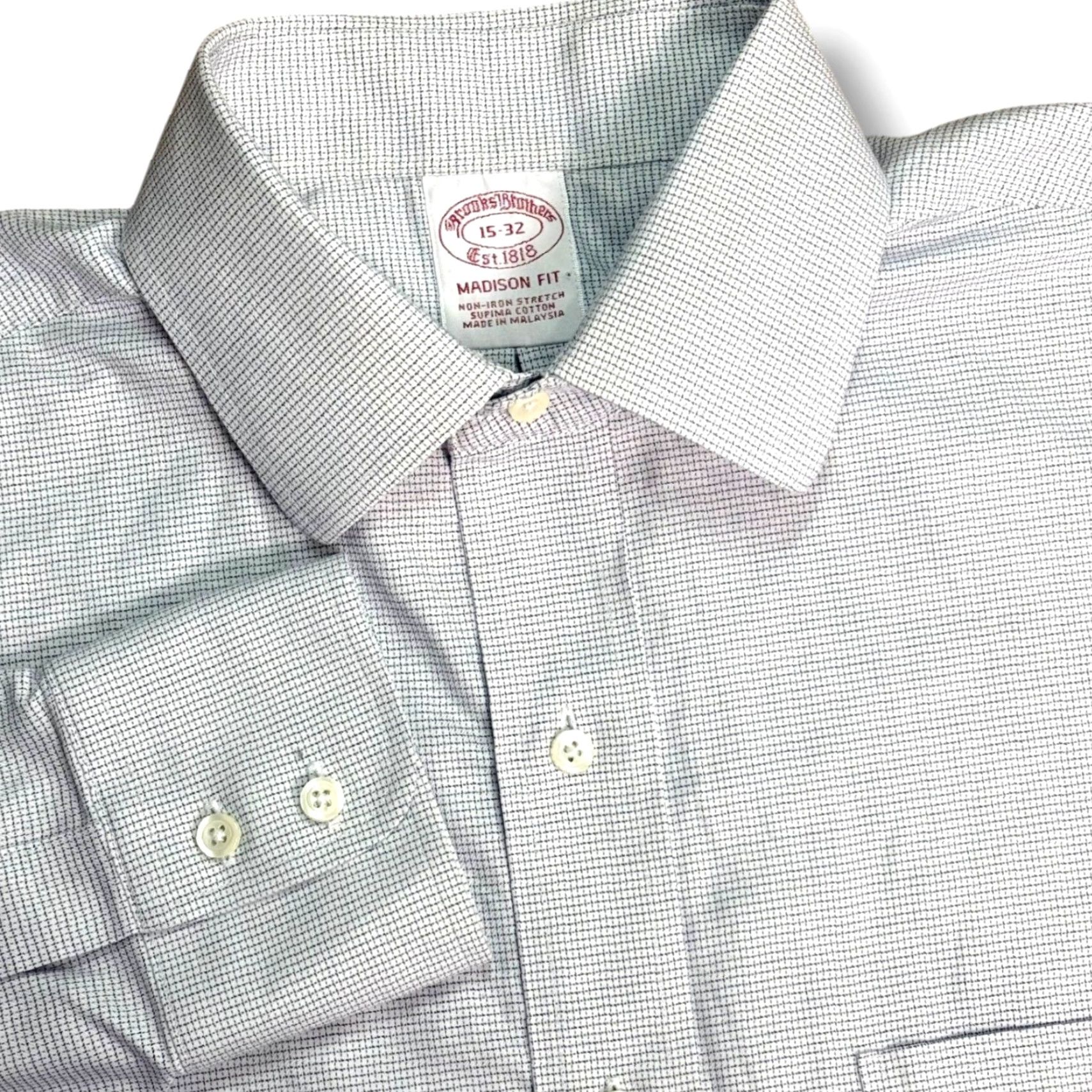 Brooks Brothers Madison Fit Dress Shirt Mens 15 Blue Check Non-Iron Stretch  100% Cotton Button Down Long Sleeve Collar Point - asatuae.com