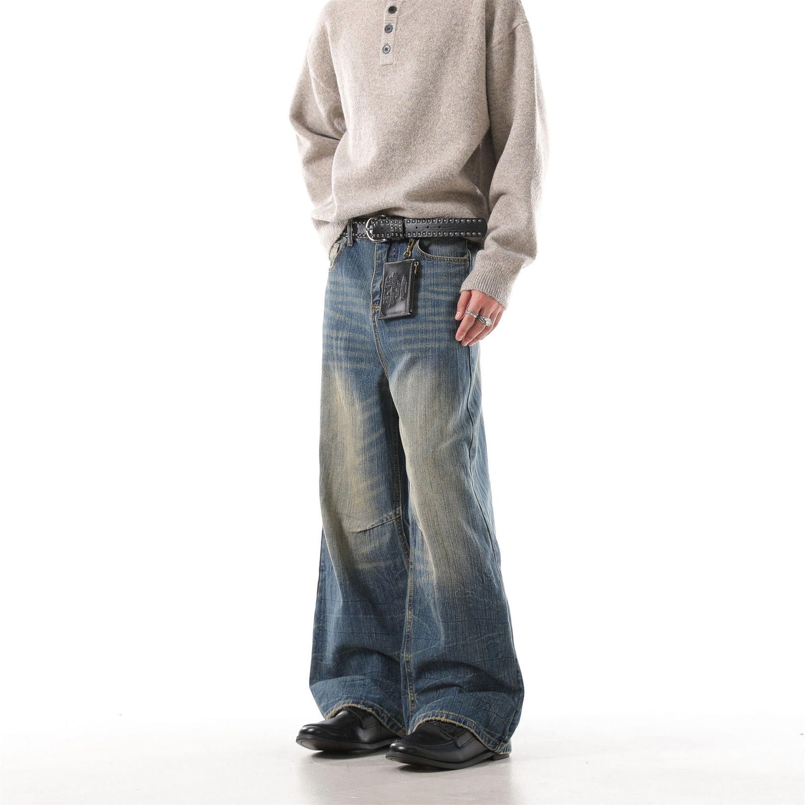 Vintage Blue Wide Leg Vintage Wash Denim Jeans, Relaxed Fit Jeans Size US 33 - 1 Thumbnail