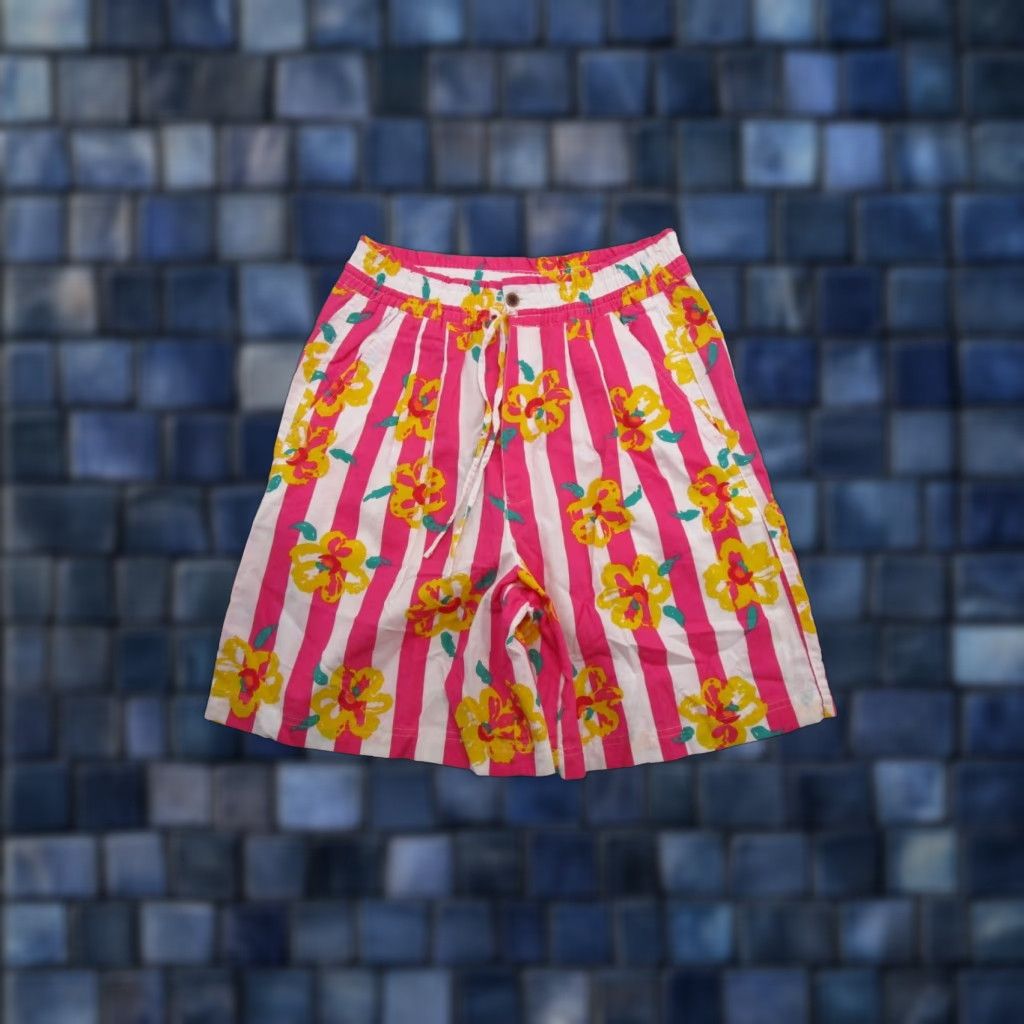 Etro VINTAGE Simply Basic 90s Floral Shorts Women's L Pink Elastic Waist Striped Lightweight Summer (Adult) Womens Size 36" / US 14 / IT 50 - 1 Thumbnail