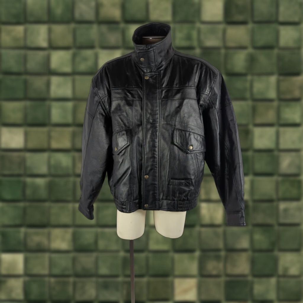 Vintage Outdoor Exchange Black Leather Bomber Jacket Men XL Short Length Regular Fit Rock Casual Party/Cocktail Travel Fall Winter Spring Size US XL / EU 56 / 4 - 1 Thumbnail