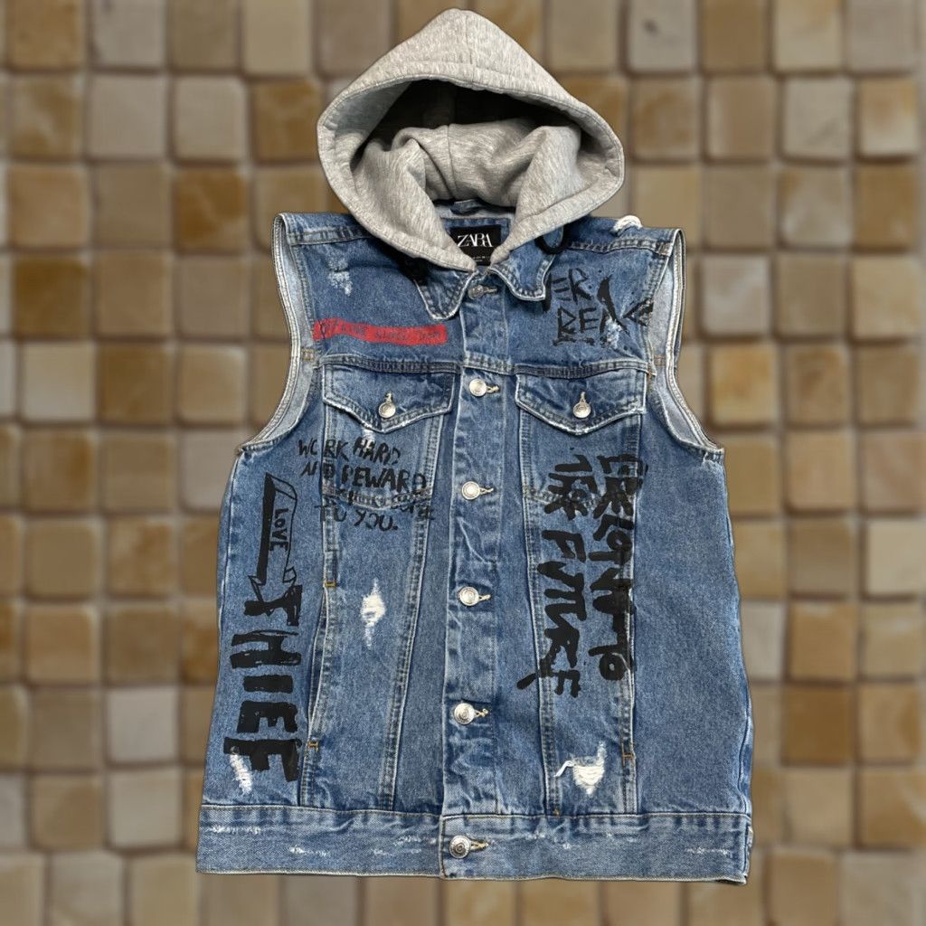 Zara VINTAGE Zara Hooded Denim Vest Women Small Streetwear Blue Cotton 90s Size 28" / US 6 / IT 42 - 1 Thumbnail