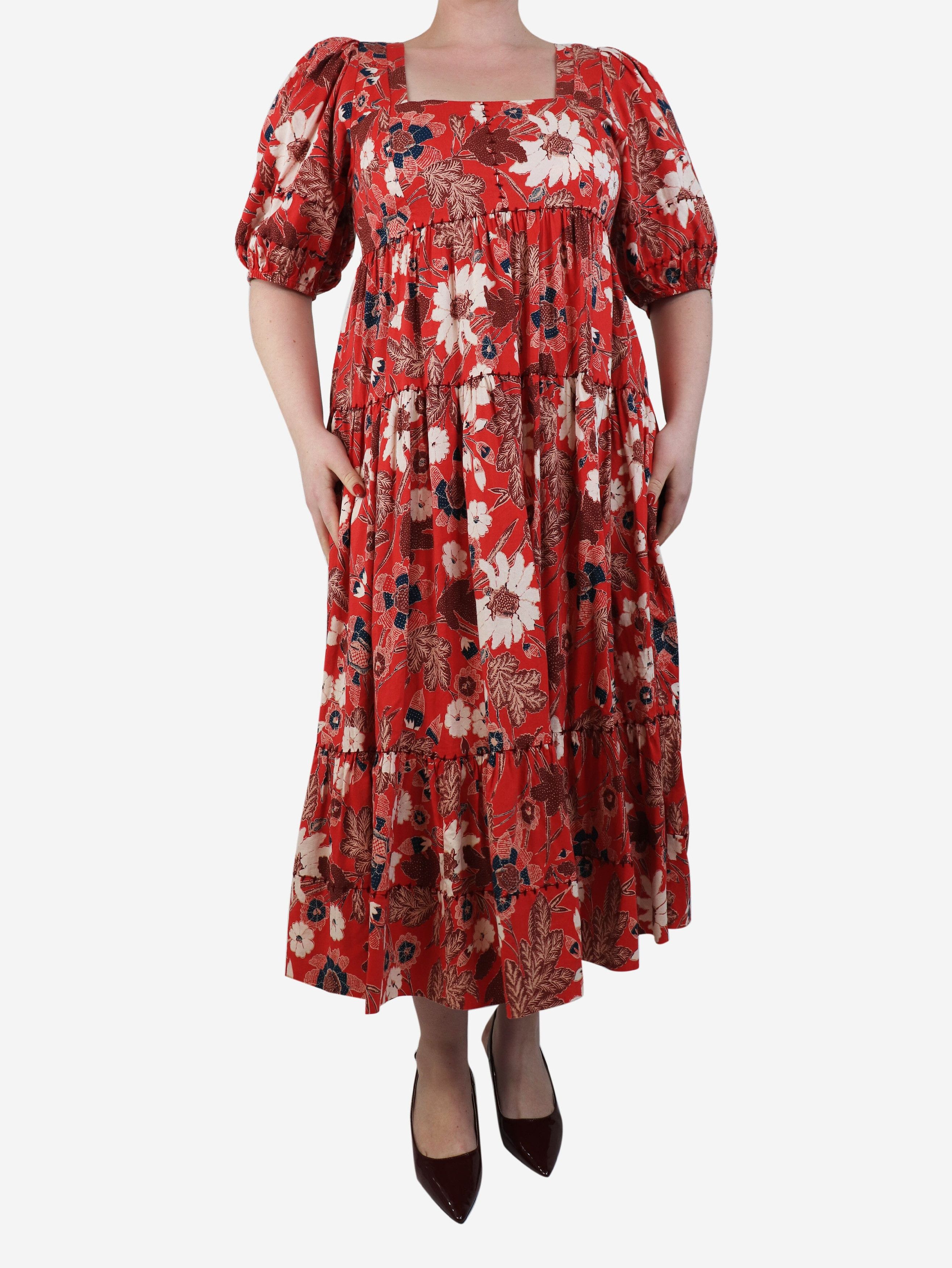 Red Nora gathered floral midi dress - size UK 16