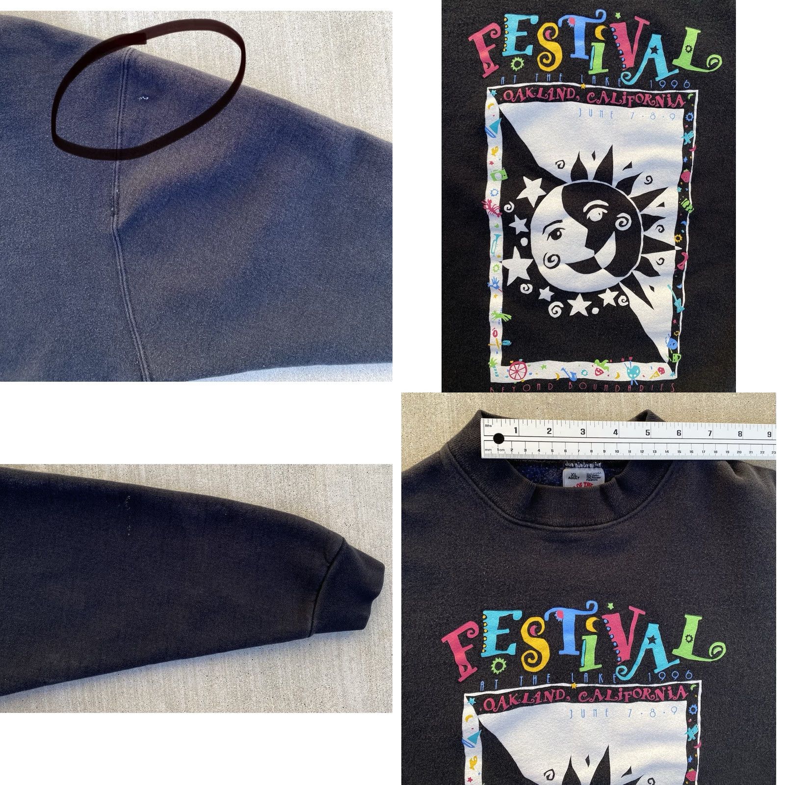 Fruit Of The Loom VINTAGE Festival At The Lake Oakland CA Sweatshirt XL Adult Black 90s Sun Moon Graphic Print USA Fade Mens Size US XL / EU 56 / 4 - 10 Thumbnail