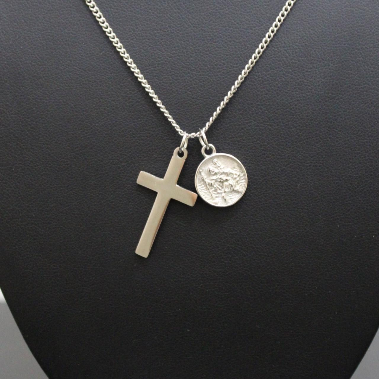 Jewelry Silver Cross & Saint Christopher Pendant Set Size ONE SIZE - 1 Thumbnail
