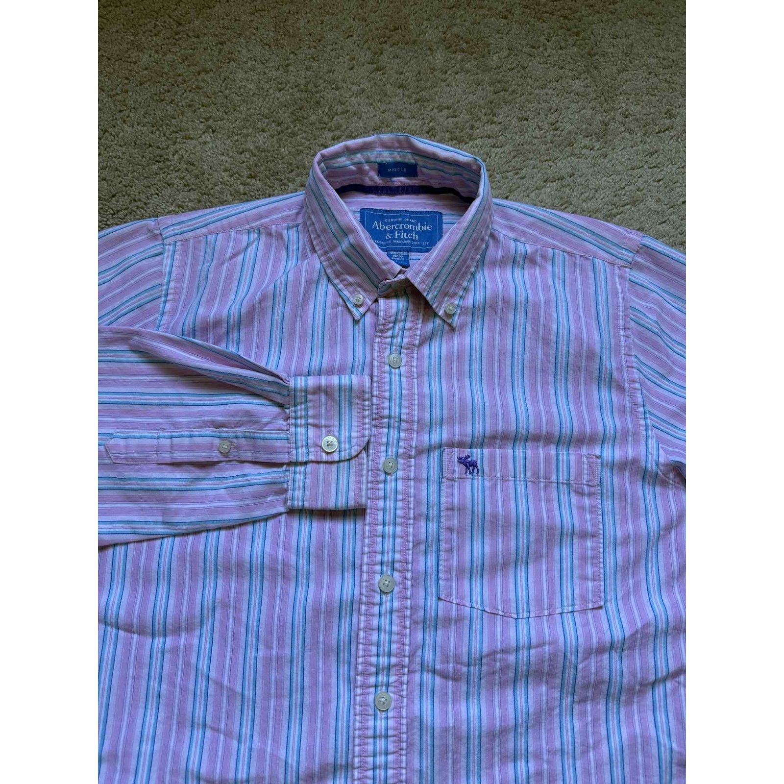 Abercrombie & Fitch Abercrombie & Fitch Muscle Striped Button-Down Shirt Pink L Size US L / EU 52-54 / 3 - 5 Thumbnail