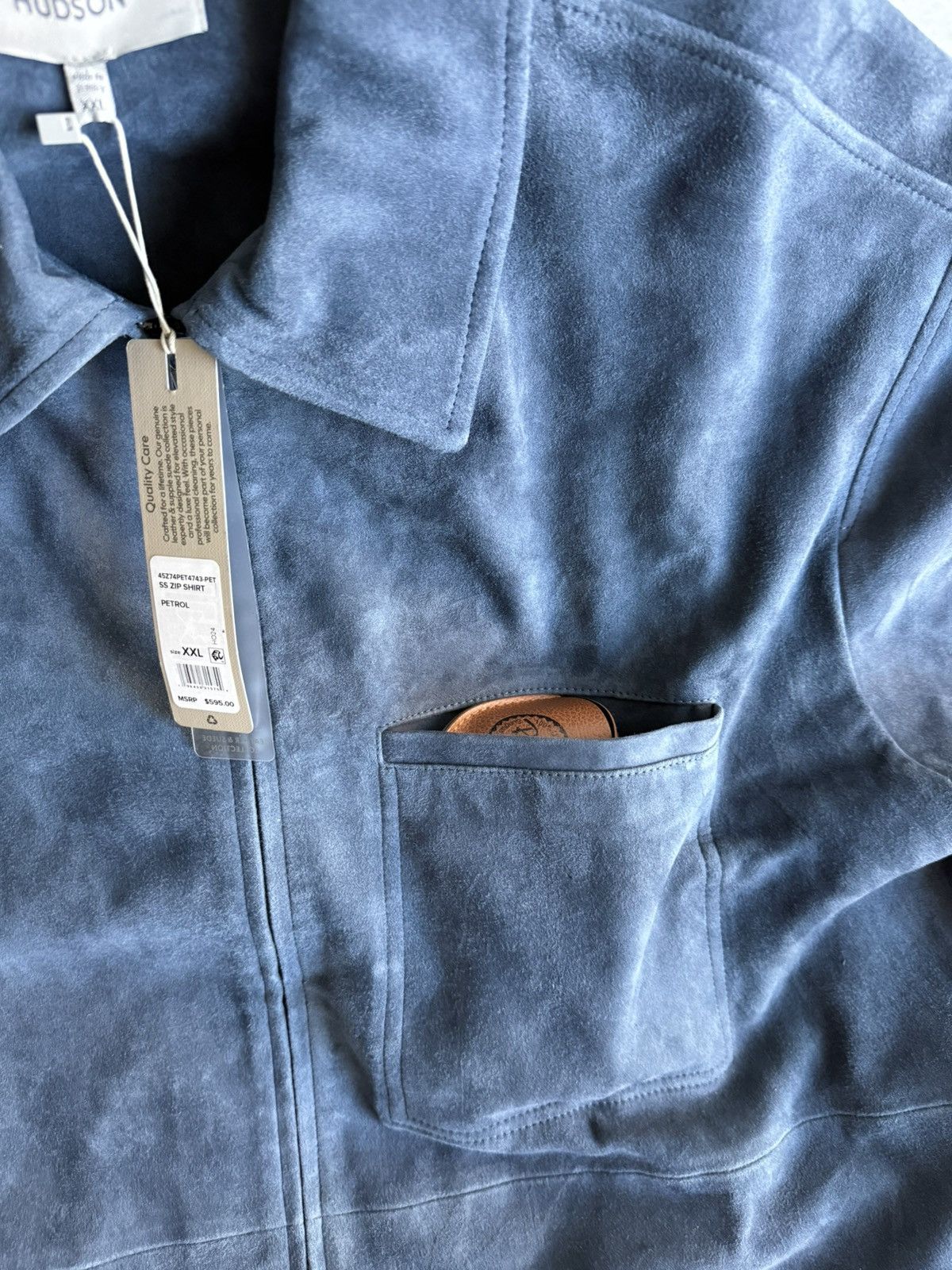 Hudson HUDSON Men’s XXL Petrol Leather Suede Zip Shirt Short Sleeve Size US XXL / EU 58 / 5 - 16 Thumbnail