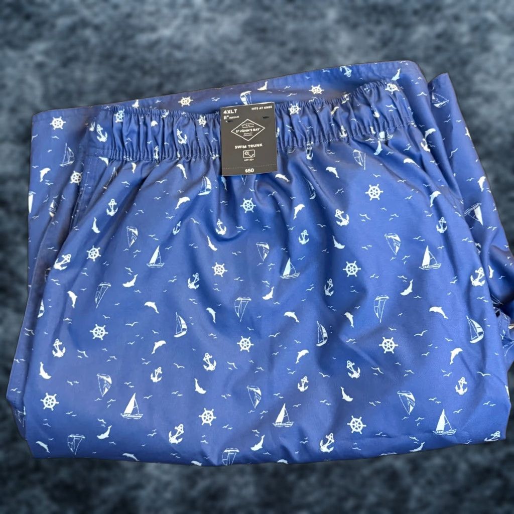 Vintage St Johns Bay Swim Trunks Mens 4XLT Blue Nautical Sailboat Anchor Elastic Waist Board Shorts Geometric Pockets Drawstring Big & Tall Mens Size US 39 - 1 Thumbnail