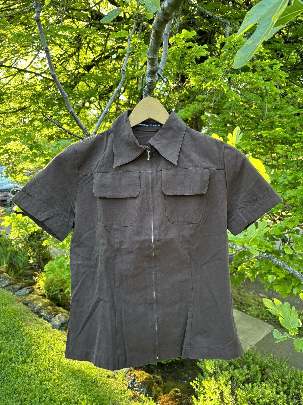 image of Miu Miu Cocoa Short Sleeve Zip Blouse in Brown, Women's (Size Small)