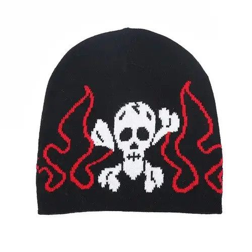 image of Vintage Skull & Fire Pattern Beanie in Black/Red, Men's