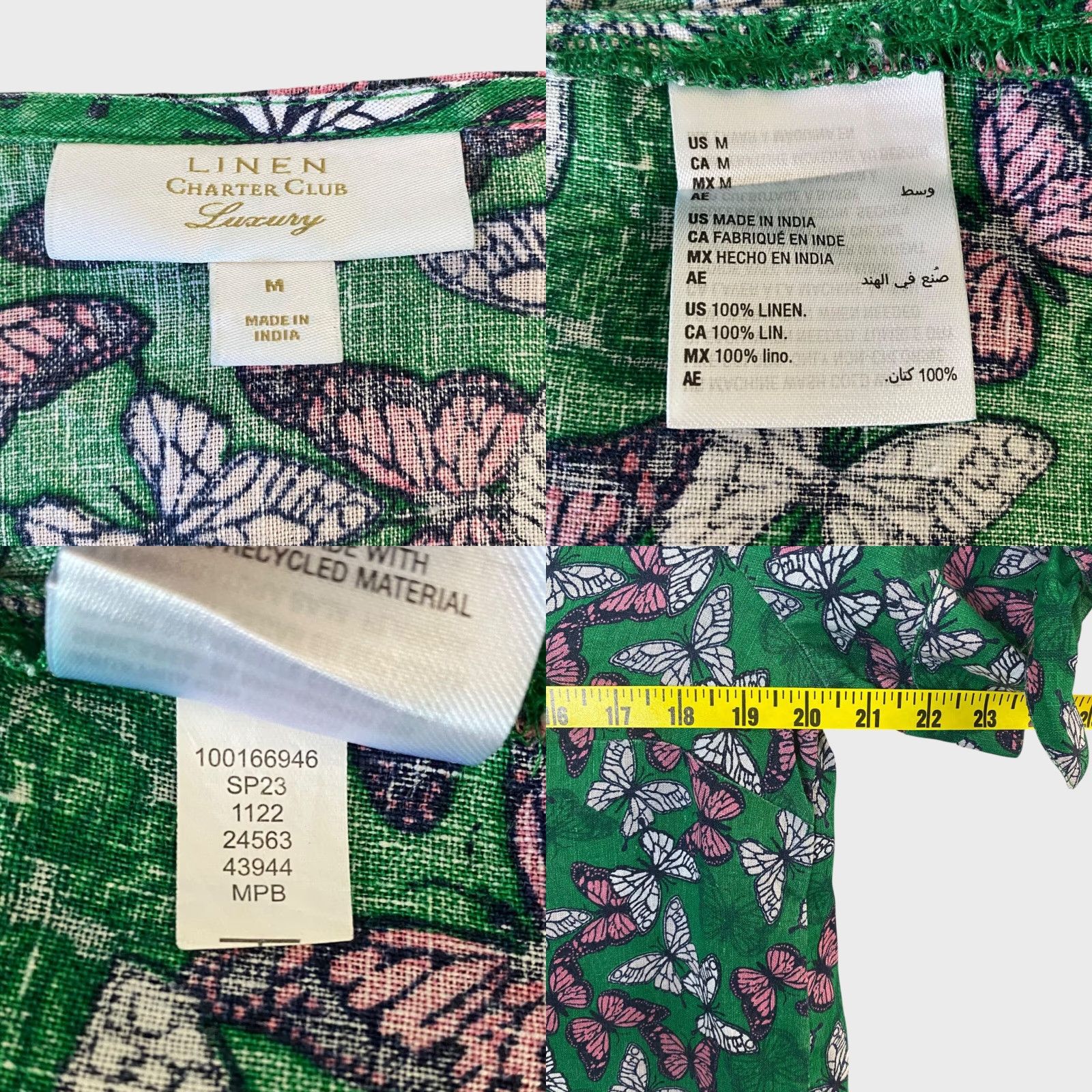 Charter Club VINTAGE Charter Club Linen Butterfly-Print Tie-Sleeve Top Green Women's Size Medium Size M / US 6-8 / IT 42-44 - 8 Thumbnail