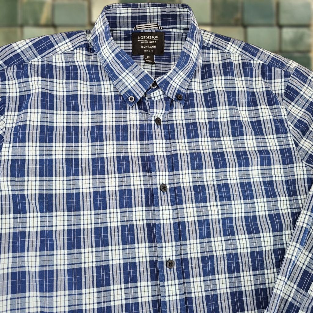 Nordstrom Nordstrom Dress Shirt Mens Size Extra Large Blue Check Tech Smart Woven Oxford Size 46R - 1 Thumbnail