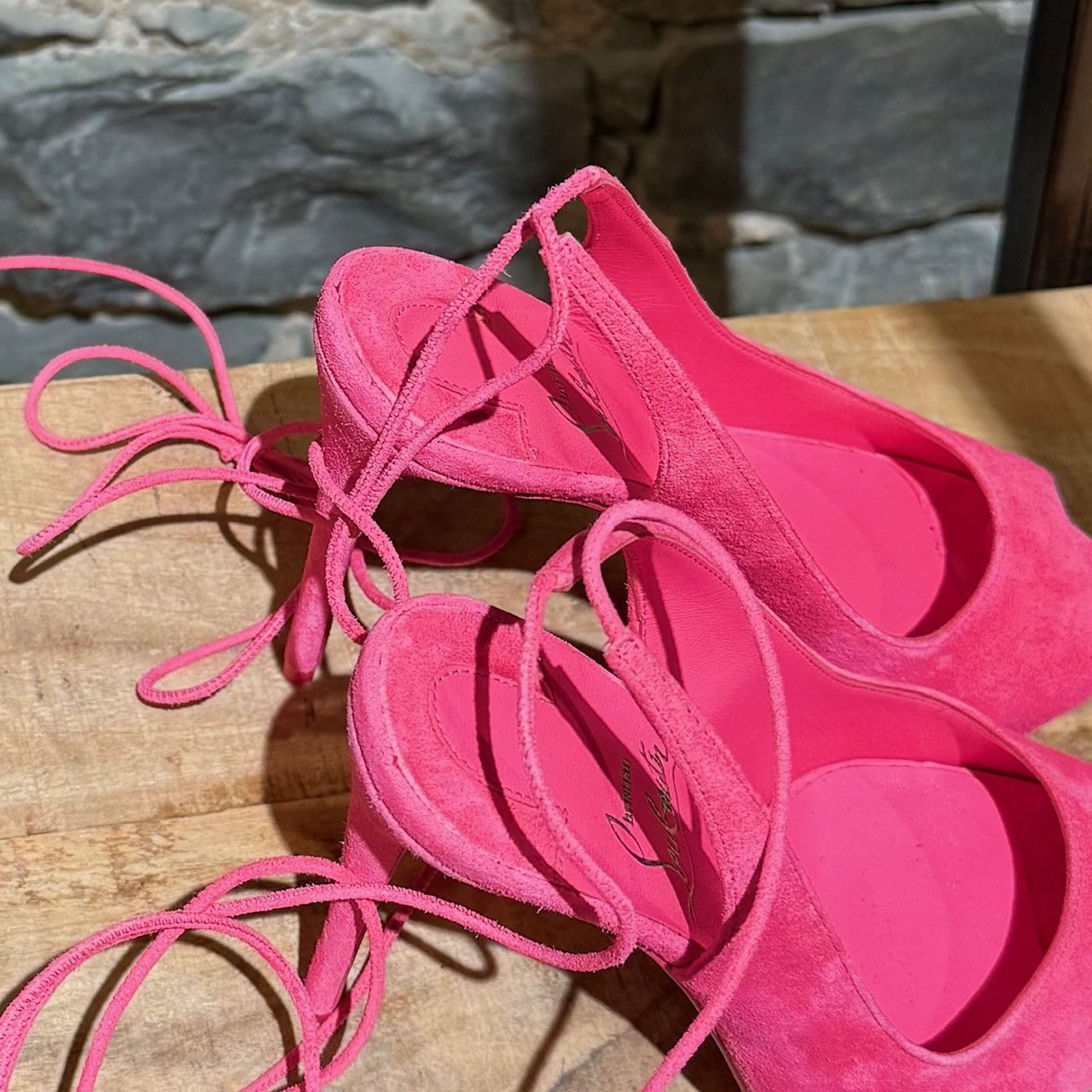 Christian Louboutin Christian Louboutin Pink Suede Lace Up NVP120 Peep Toe Pumps Size US 5 / IT 35 - 11 Thumbnail