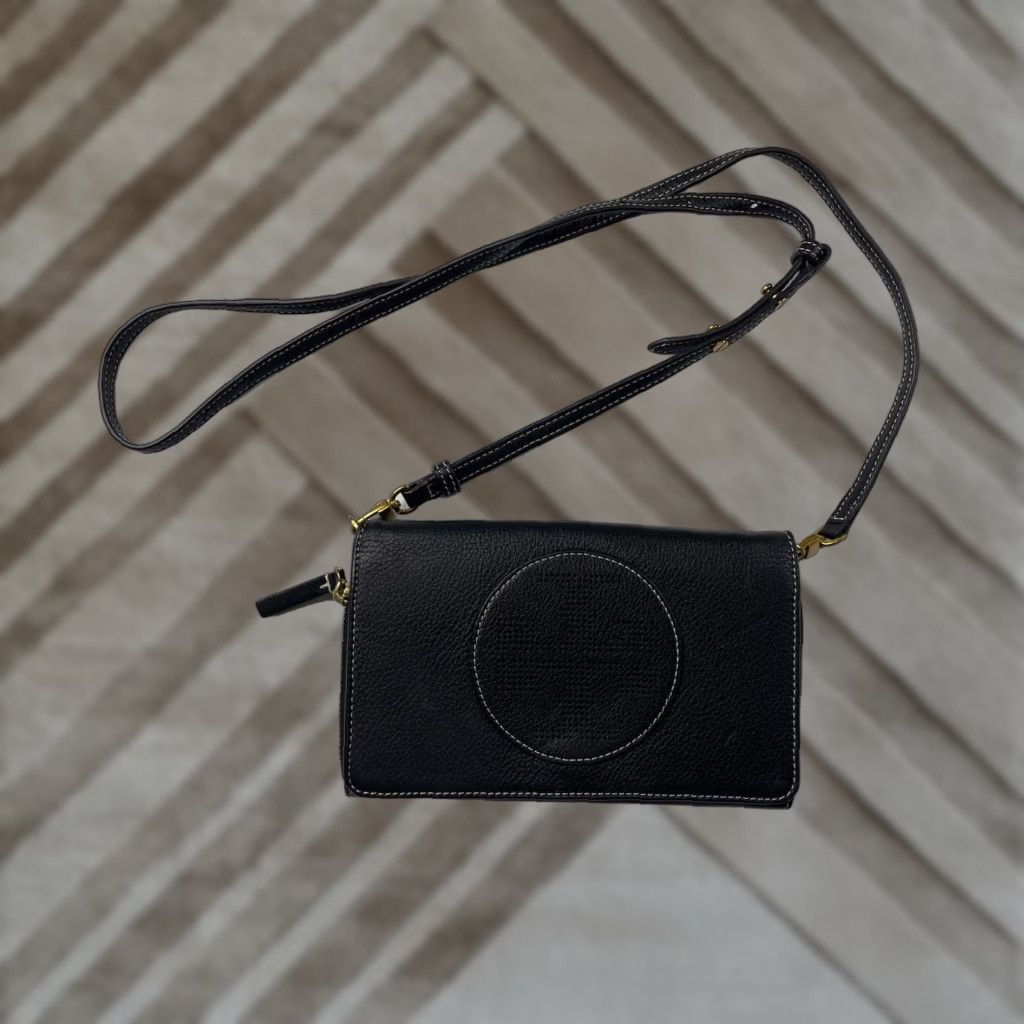 TORY BURCH PERFORATED LOGO FLAT WALLET CROSS BODY BLACK LEATHER CROSSBODY SMALL WOMEN 5