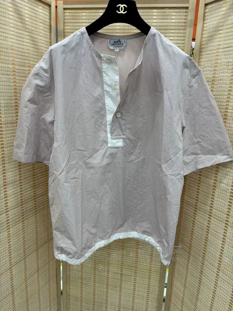 Hermes Hermes Cotton short-sleeved shirt with collarless design Size US XXS / EU 40 - 1 Thumbnail