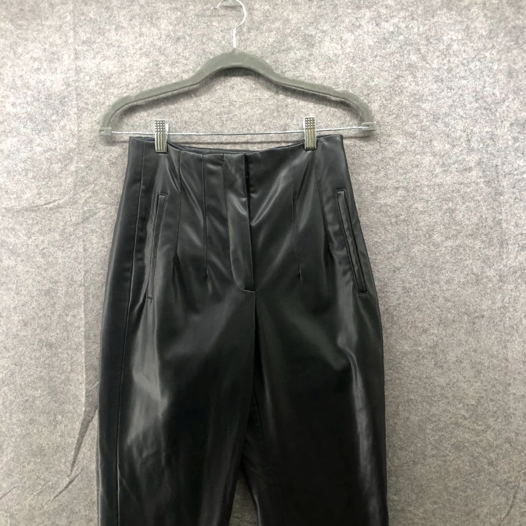 Zara Zara Womens S High Waisted Faux Leather Pants Black Tapered Leg Pleated Front Size 28" / US 6 / IT 42 - 3 Thumbnail