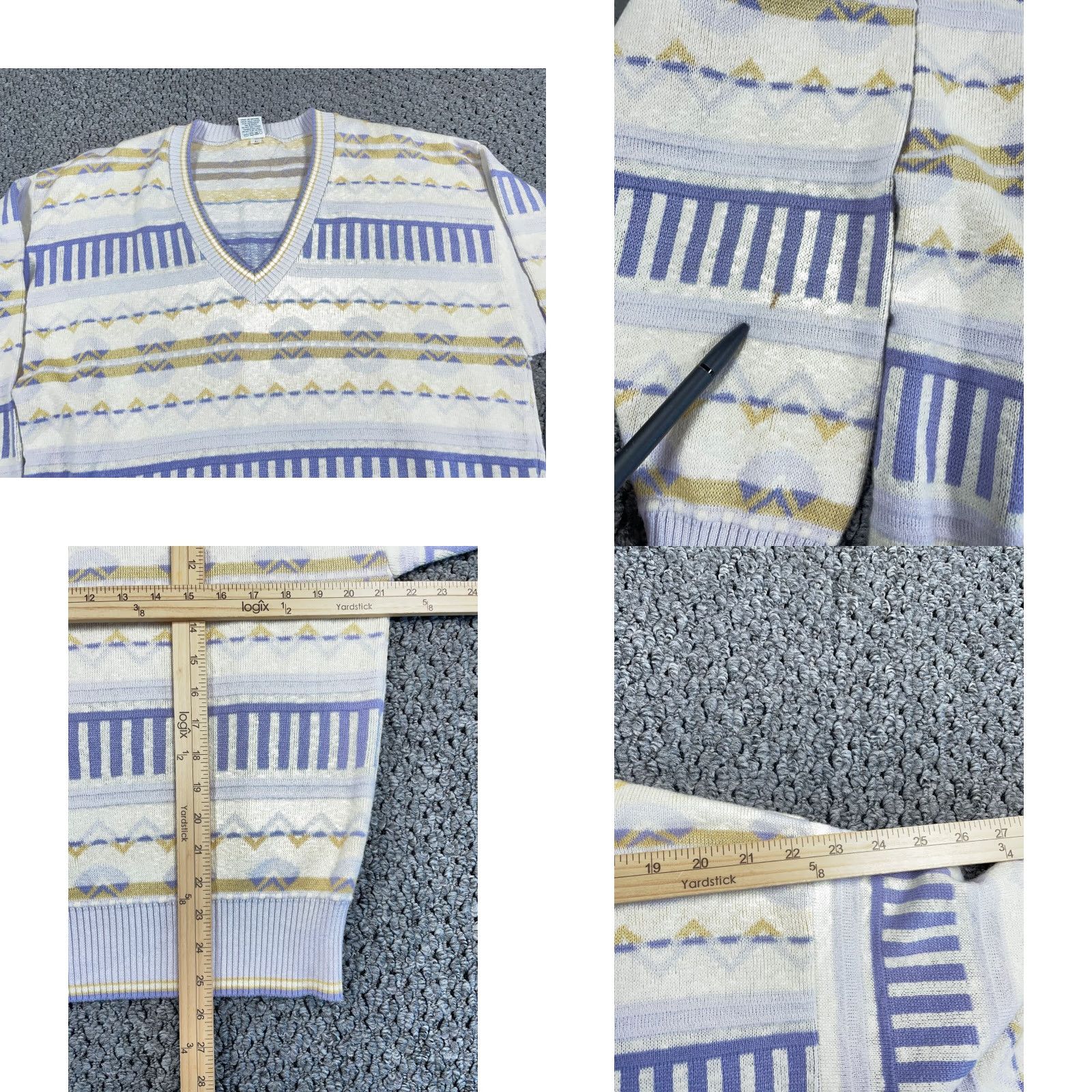 Vintage VINTAGE HEAD Geometric Knit Sweater Mens Large White Purple V-Neck Pullover 90s Style Embroidered Accent Knitwear Size US L / EU 52-54 / 3 - 8 Thumbnail