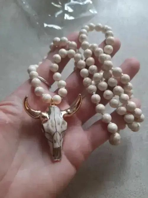 Jewelry White Bohemian Bull Head Pendant , Beads Necklace Size ONE SIZE - 2 Thumbnail