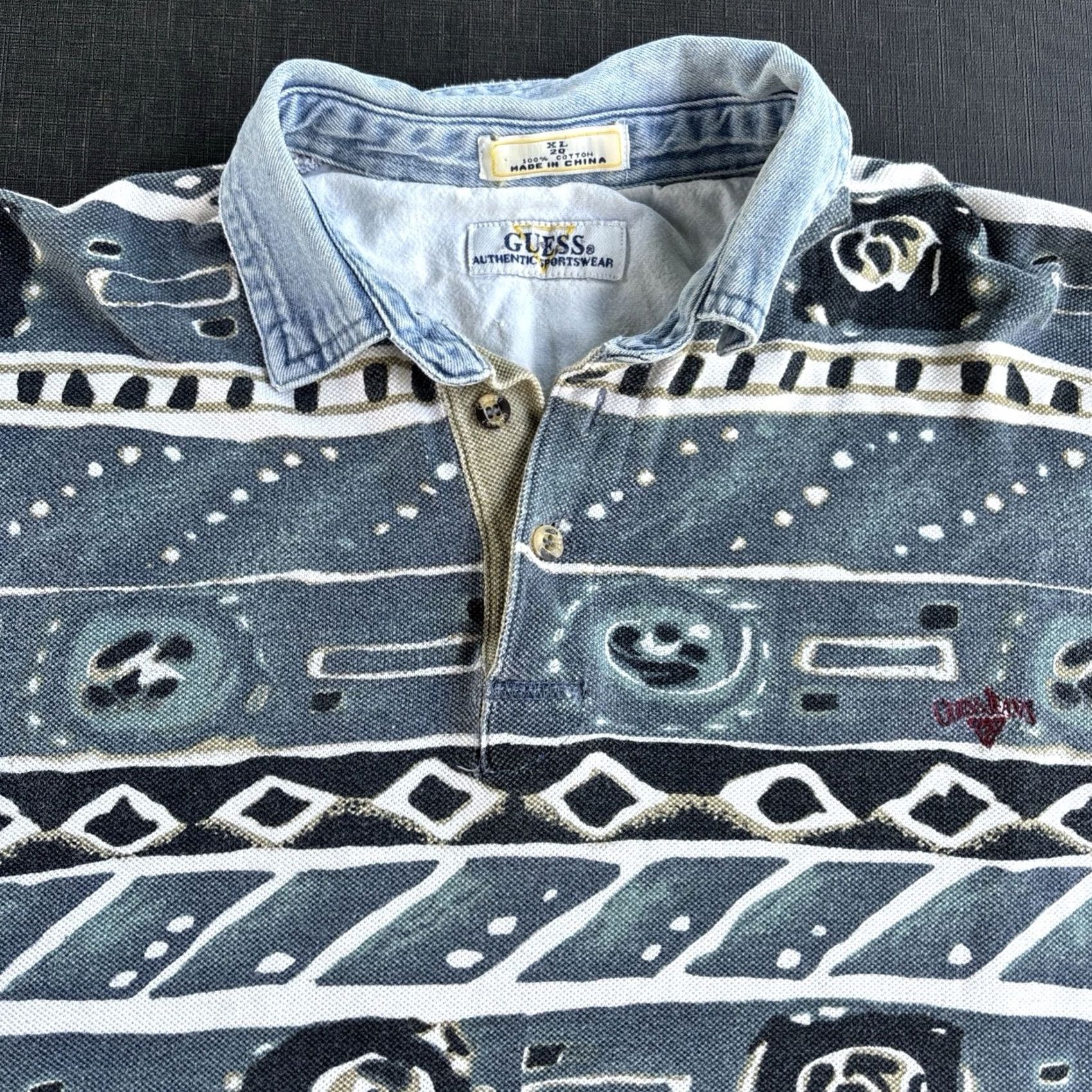 Guess VINTAGE GUESS Polo Shirt Denim Collar Geometric Short Sleeve 90s AOP M/L Mens Size US M / EU 48-50 / 2 - 7 Thumbnail