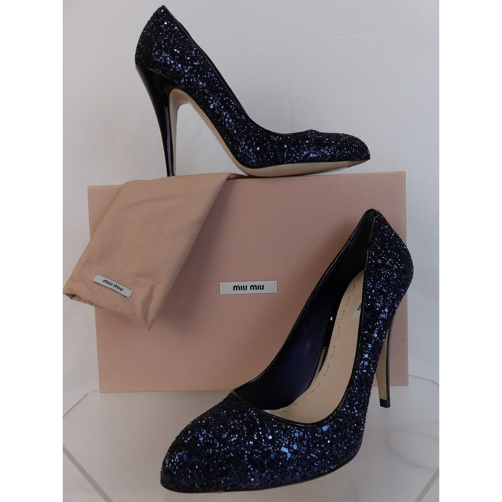 Miu Miu DARK NAVY GLITTER BLACK PATENT LEATHER HEEL PUMPS 40.5 ITALY Size US 10.5 / IT 40.5 - 1 Thumbnail