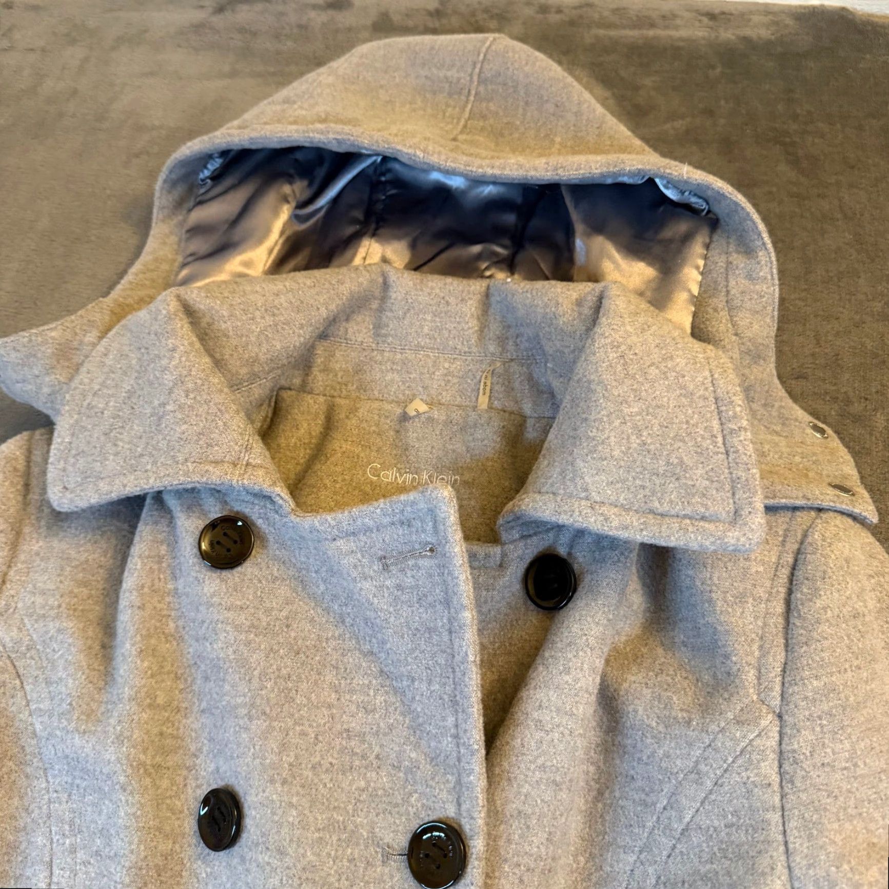 Calvin Klein Calvin Klein Double Breasted Hooded Peacoat Grey Women Size 8 Coat Adult Women Grey Solid Polyester Insulated Pockets Button Logo Fall Winter 8 Women Size M / US 6-8 / IT 42-44 - 2 Thumbnail