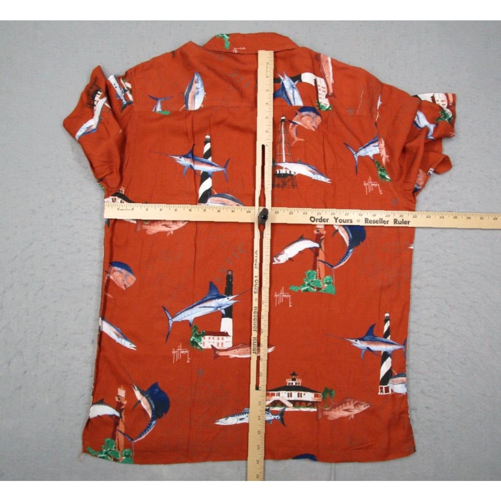 Guy Harvey AFTCO Guy Harvey Men's Large Orange Short Sleeve Button-Up Hawaiian Shirt Marlin Lighthouse Geometric Tropical 70s 80s Size US L / EU 52-54 / 3 - 6 Thumbnail