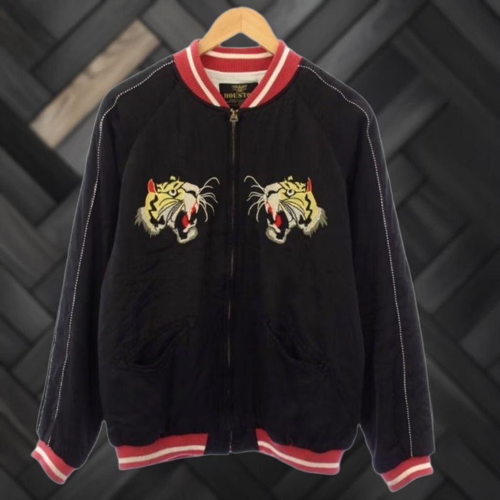 Vintage Houston Souvenir Jacket Sukajan L Black Tiger Embroidery