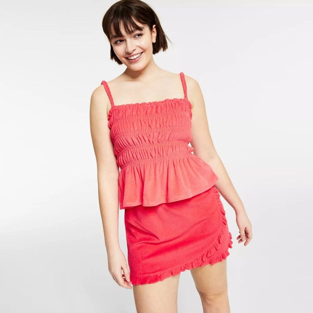 Bar III New Bar III Pink Terry Ruffled Skirt Top Set Size L Size L / US 10 / IT 46 - 1 Thumbnail