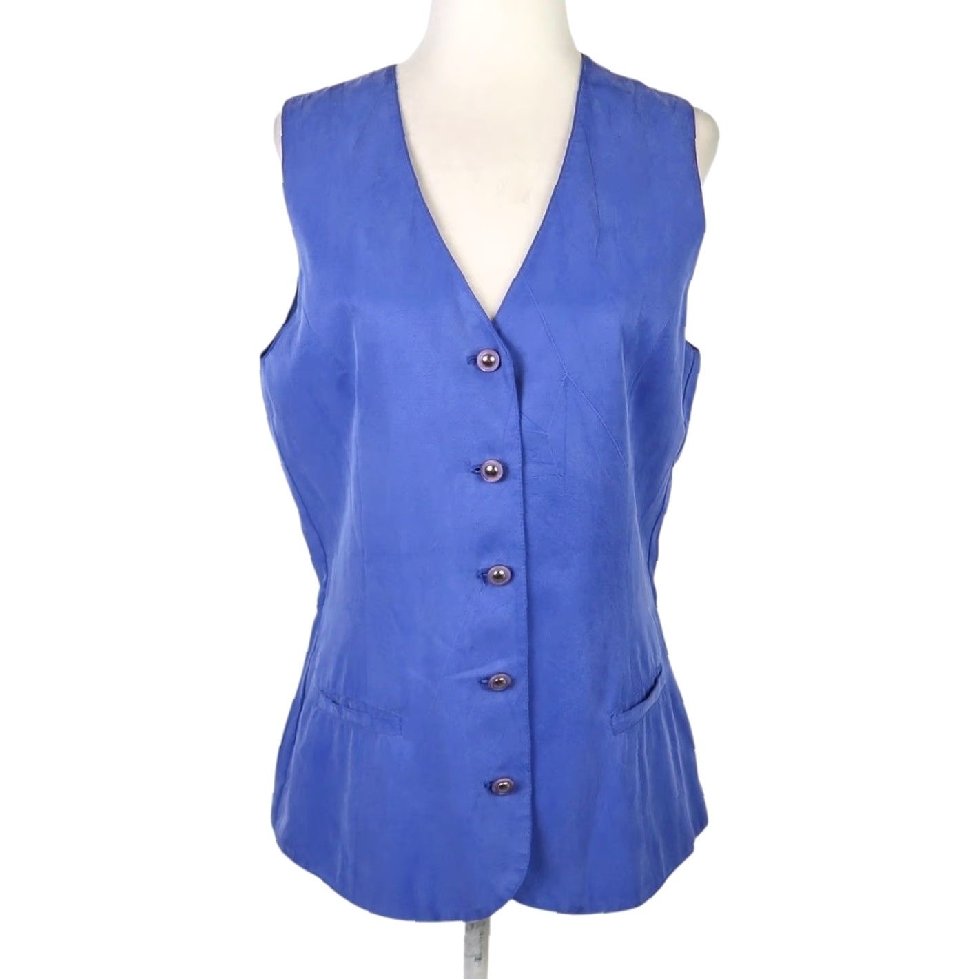 Vintage VINTAGE Karen Kane Vest XS Sleeveless Button Front Cobalt Blue Faux Silk 90s Women Ladies Fashion 90s Size XS / US 0-2 / IT 36-38 - 2 Thumbnail