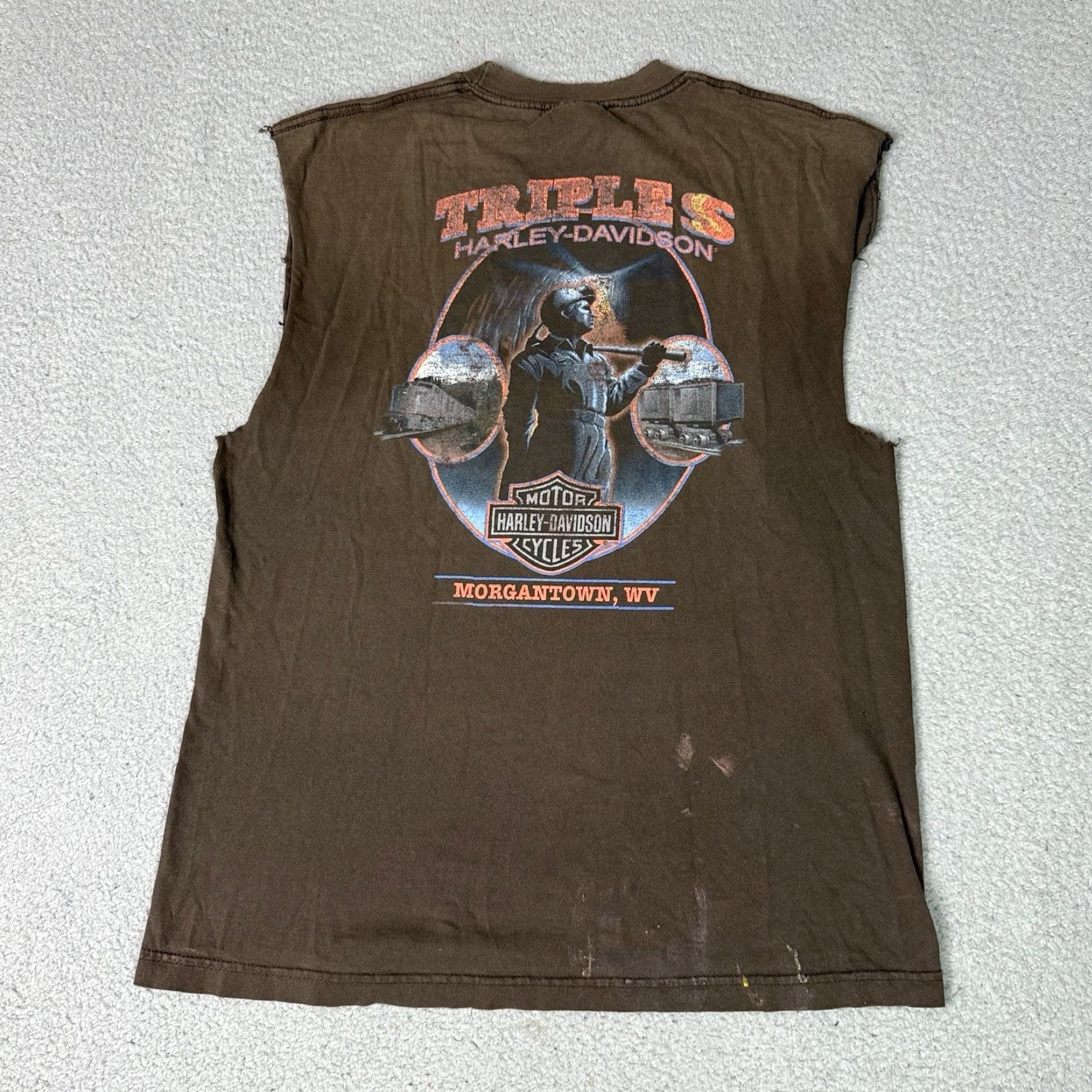 Harley Davidson VINTAGE Harley-Davidson T Shirt Mens L Brown Morgantown Army Rare Distressed Cut Off Graphic Print Crew Neck 2000s USA Y2K Harley Davidson Mens Size US L / EU 52-54 / 3 - 4 Thumbnail
