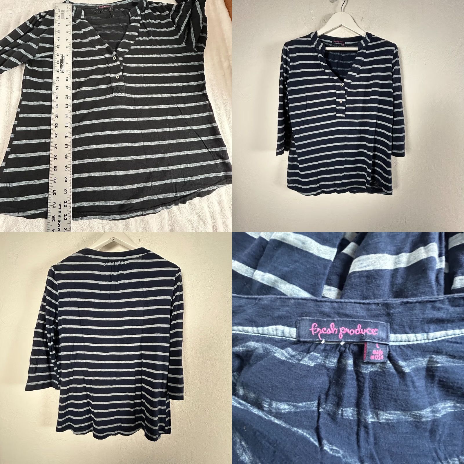 Vintage Fresh Produce Womens Striped 3/4 Sleeve Shirt Large Beige/Blue/Black Lot of 3 Size L / US 10 / IT 46 - 10 Thumbnail