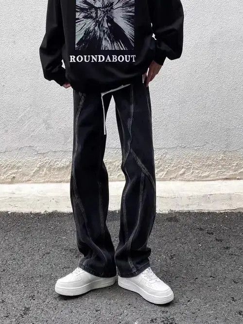Japanese Brand × Jean Vintage washed black paneled straight-leg jeans Size US 32 / EU 48 - 2 Thumbnail